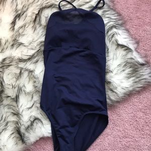Bloch Navy leotard with scallop and polka dot mesh